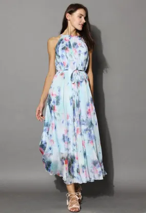 Aquarelle Bleu Tranquille Robe Florale Longue