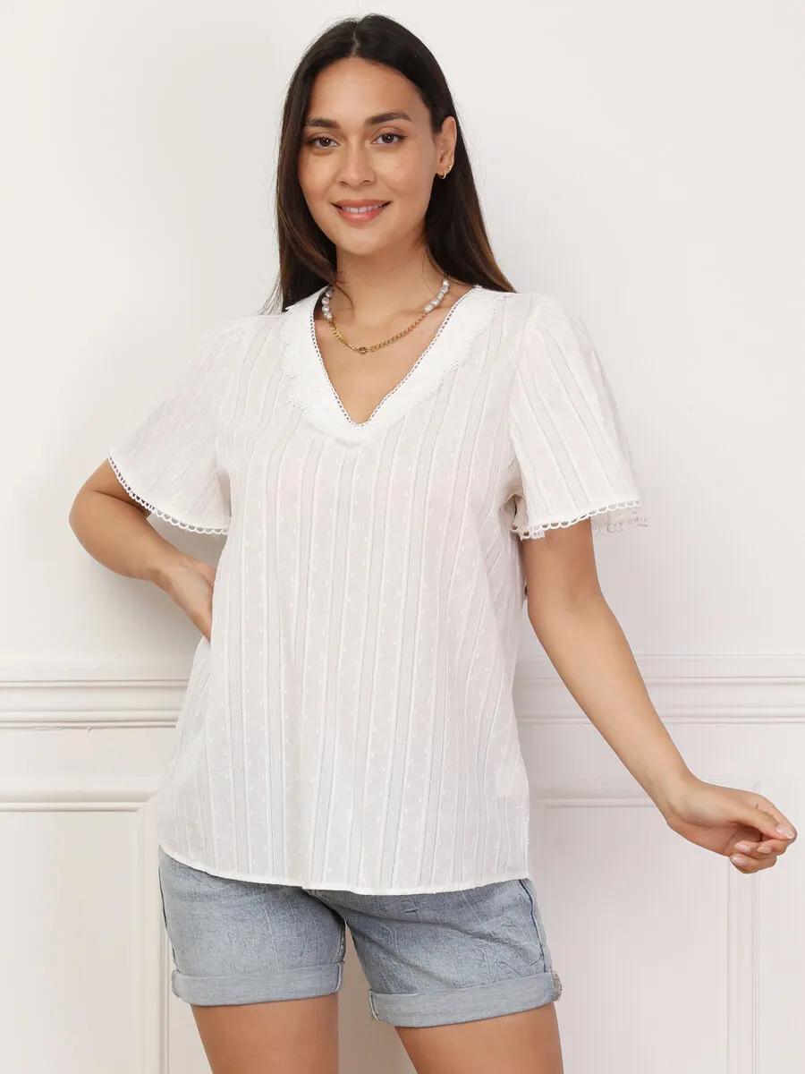 Blouse à plumetis et manches papillons- Blanc