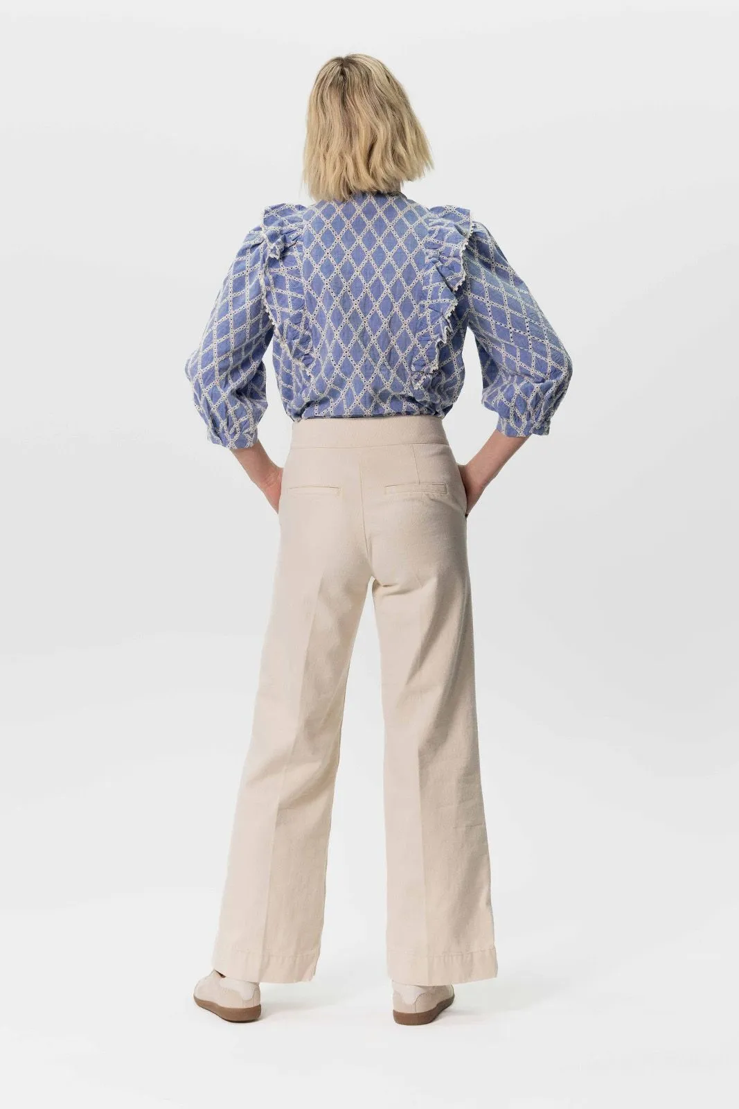 Blouse chambray avec broderie et volants - bleu