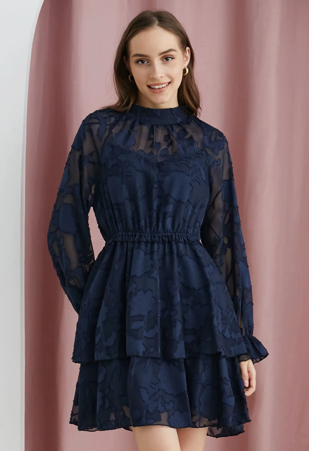 Mini-robe à plusieurs niveaux en maille jacquard florale, bleu marine