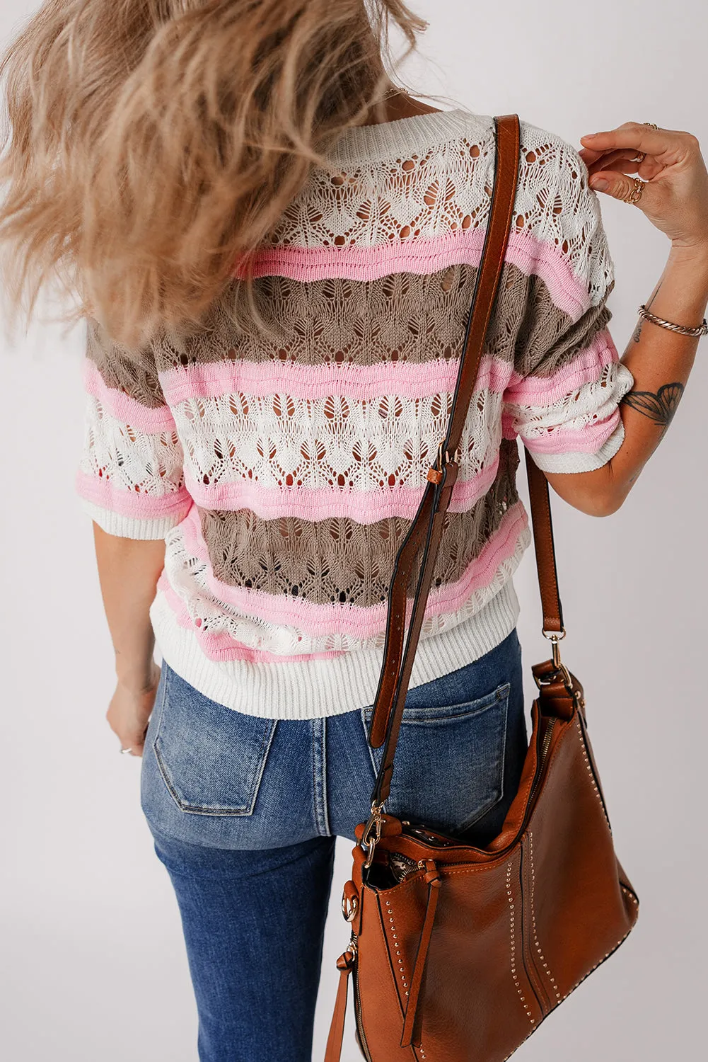 Pull à manches mi-longues en crochet ajouré à rayures marron