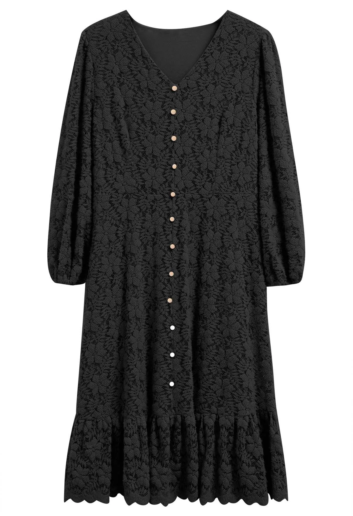 Robe boutonnée à volants en dentelle florale en noir