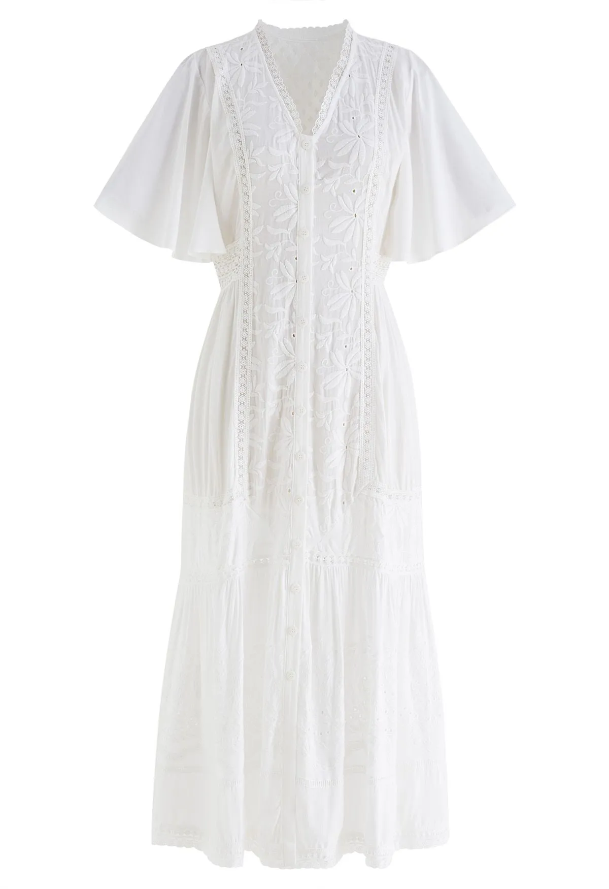 Robe mi-longue à manches volantées avec broderie florale
