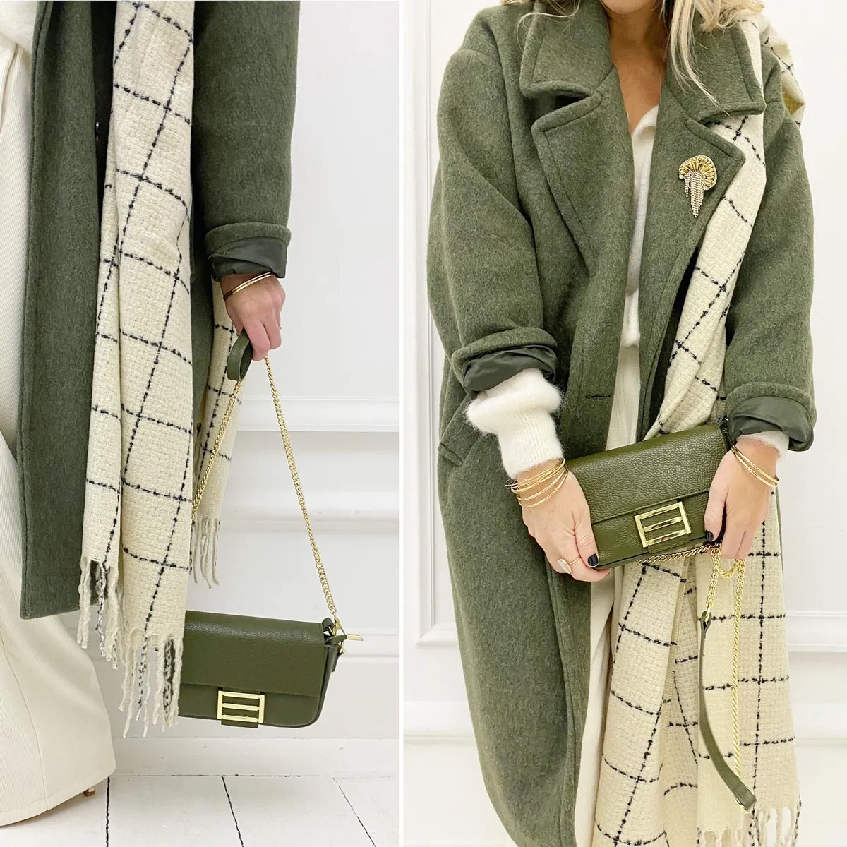 Sac kaki en cuir bandoulière boucle dorée